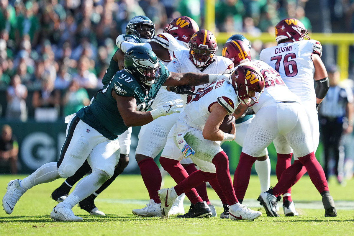 Philadelphia Eagles rookie defensive tackle Jalen Carter is the third-highest graded defensive player in the NFL according to PFF. 